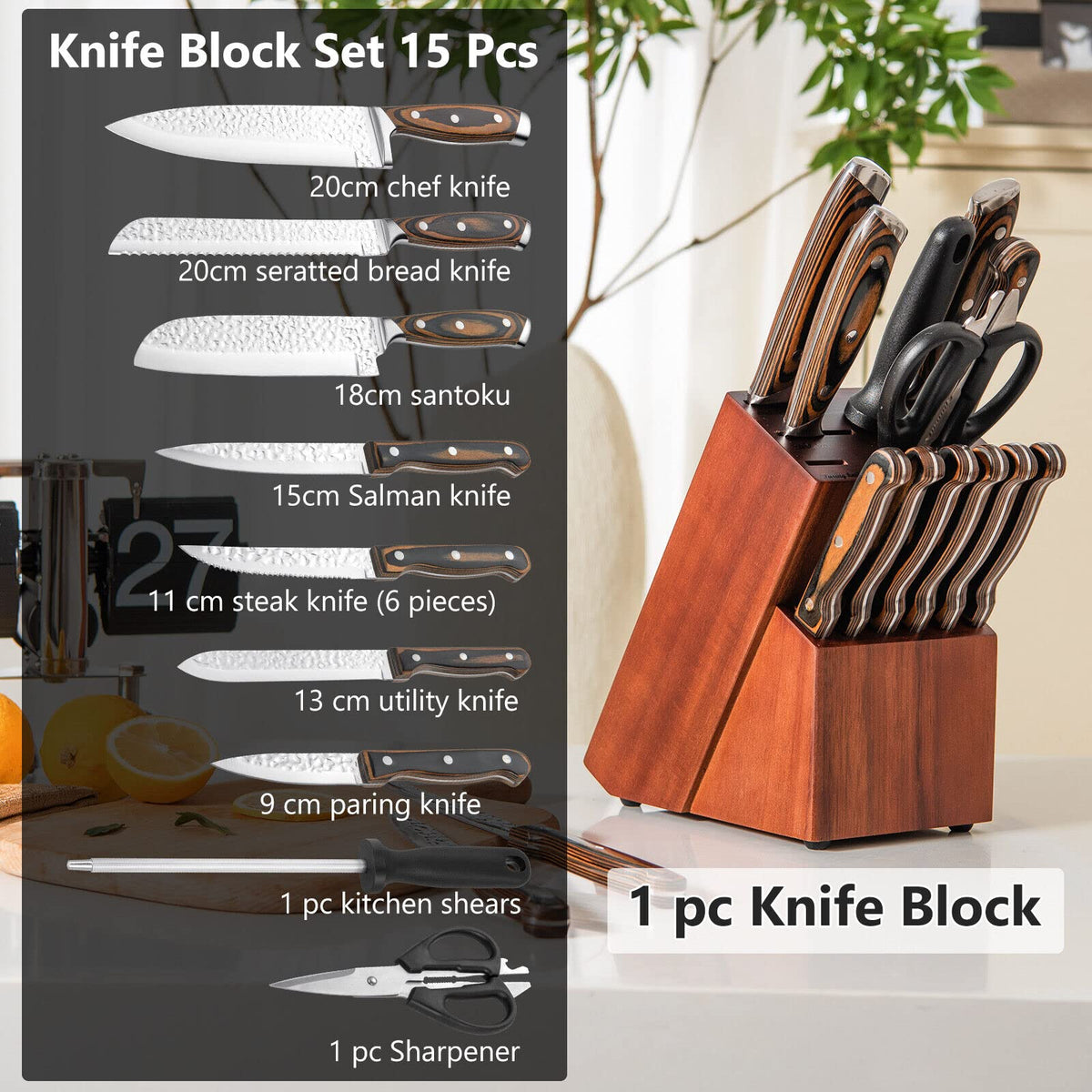15 Piece Kitchen Knife Set With Storage Block - default  Knife set  kitchen, Kitchen knives, Stainless steel knife set