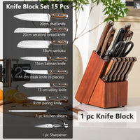 Giantex 15Pcs Kitchen Knife Set with Wooden Block, Chef Knife Block Set w/Full Tang Forged Stainless Steel Blade, Boxed for Kitchen Restaurant