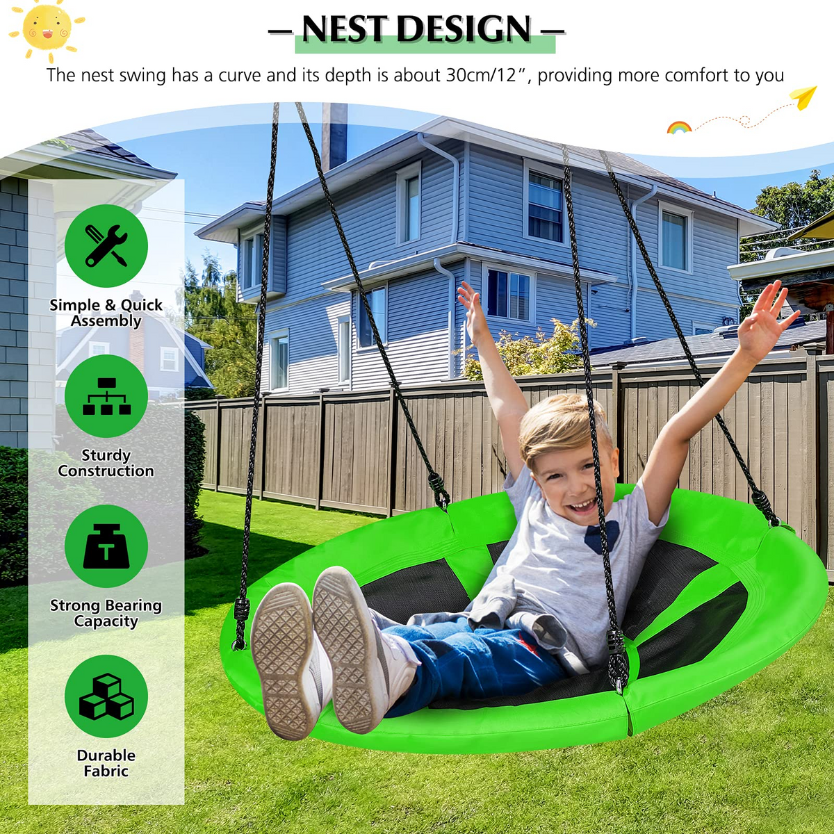 Nest Tree Swing, 100CM Kids Round Hammock Swing w/ Adjustable Hanging Ropes, Green