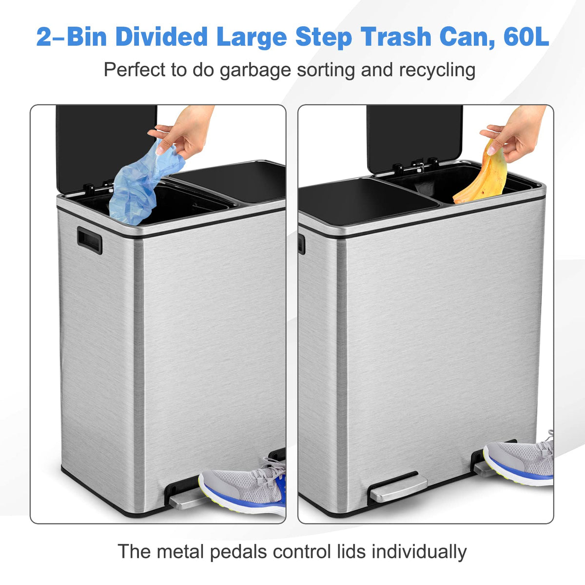Giantex 60L Step Trash Garbage Can, Metal Step Trash Can, Stainless Steel Classified Recycle Garbage Pedal Dustbin