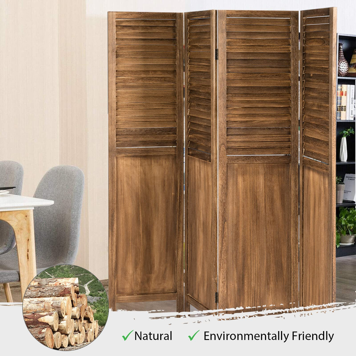 Giantex 4 Panel Room Divider, Wooden Partition Screen, Portable Folding Partition Screen, Wood Panel Dressing Screen