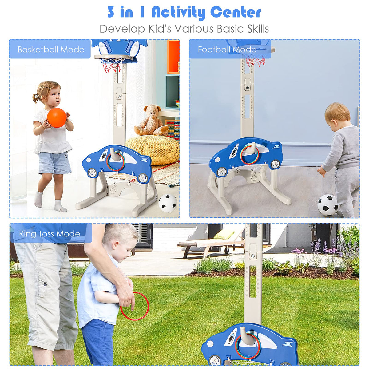 Kids Basketball Set, 3 In 1 Toddler Basketball Hoop Stand Kit, Adjustable Height, w/1 Football & 1 Basketball & 3 Rings