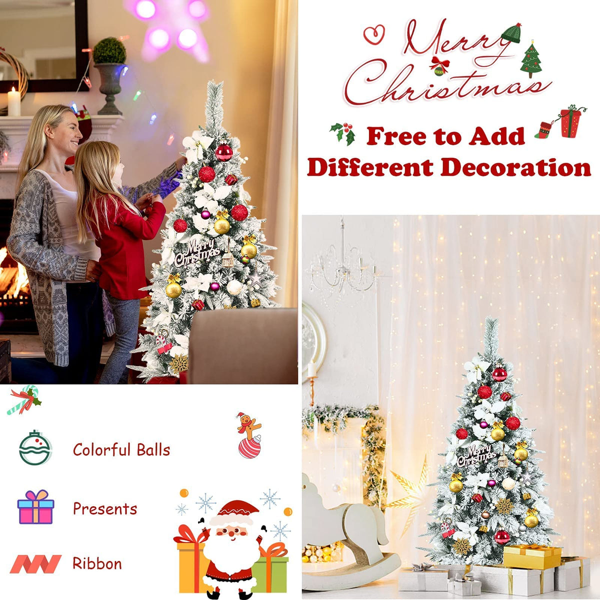 1.5 Christmas Tree, Artificial Snow Flocked Slim Pencil Tree