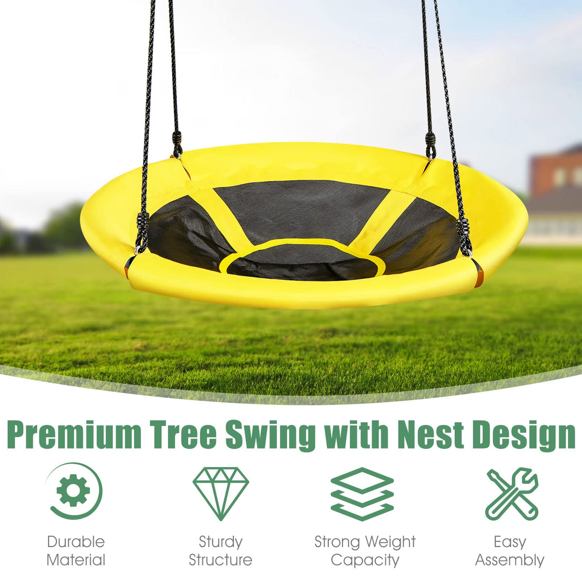 Nest Tree Swing, 100CM Kids Round Swing w/Adjustable Hanging Ropes, Yellow