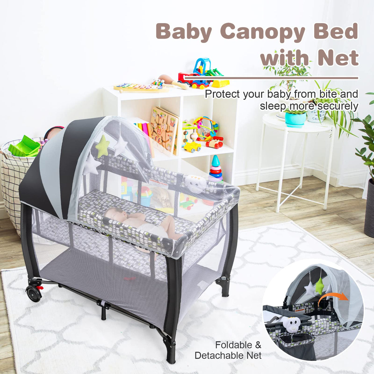 Portable Baby Bassinet, 3 In 1 Foldable Travel Cot w/ Canopy & Detachable Net