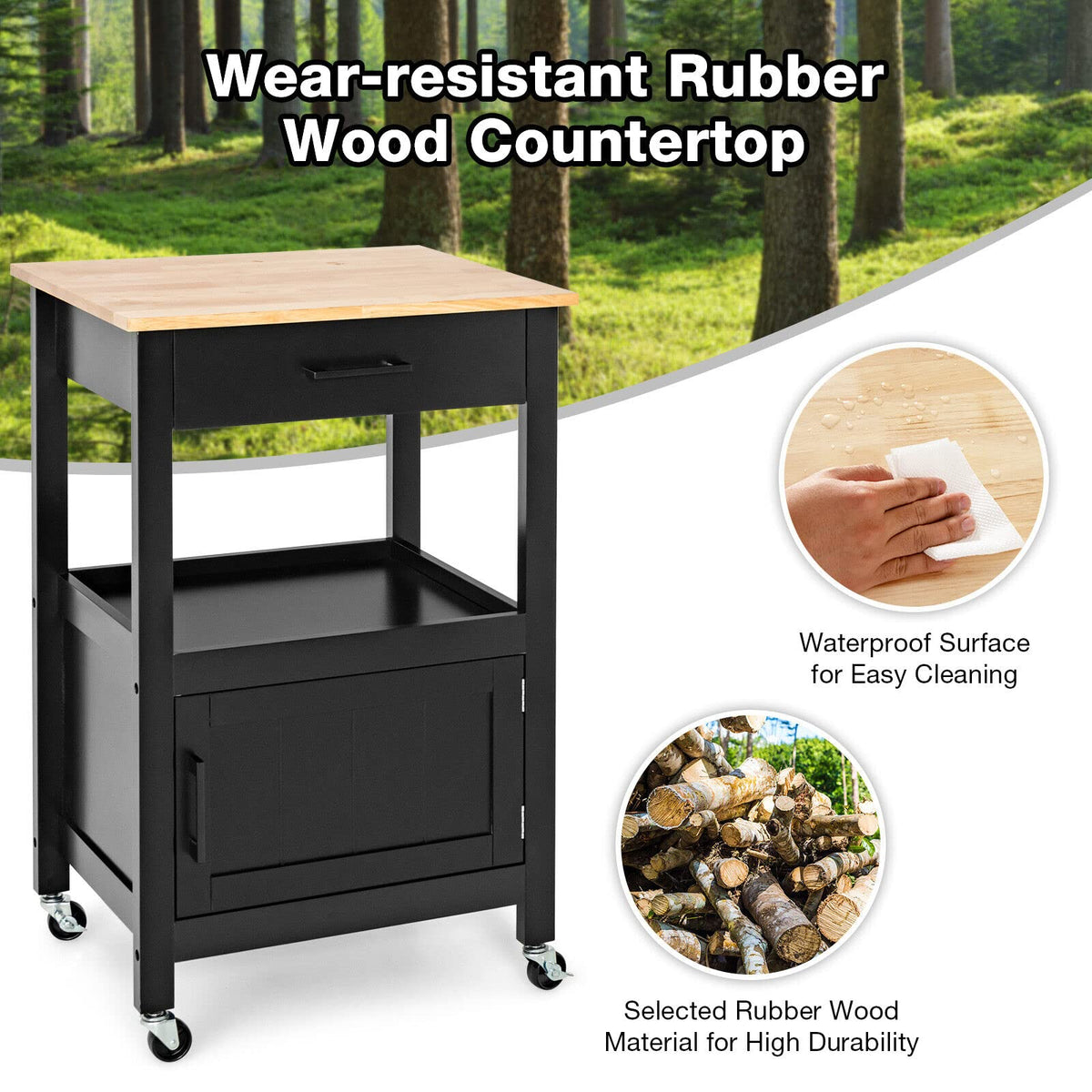 Giantex Small Kitchen Island Cart on Wheels, Rolling Kitchen Island w/ Rubber Wood Top, Black