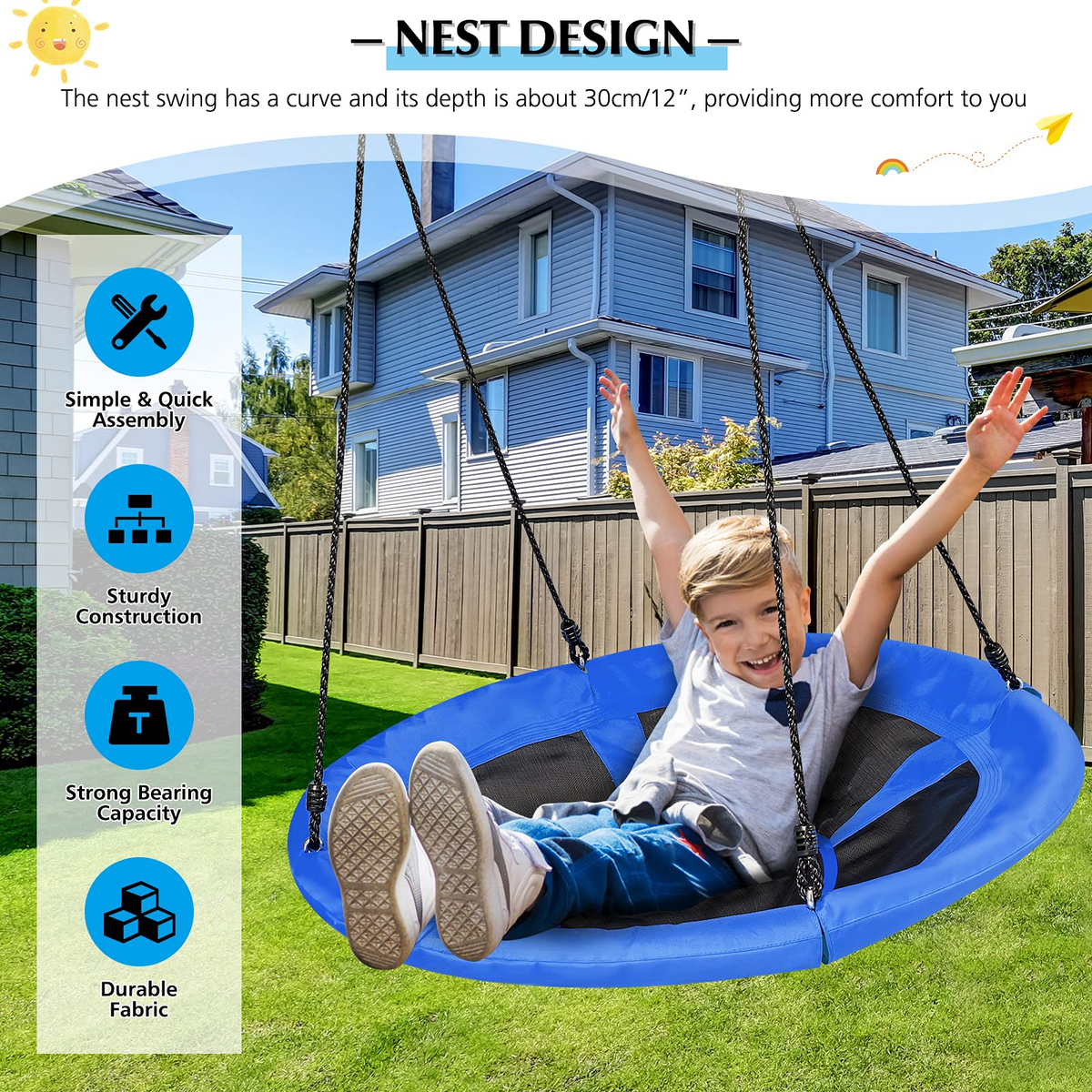 Nest Tree Swing, 100CM Round Hammock Swing w/ Adjustable Hanging Ropes, Blue