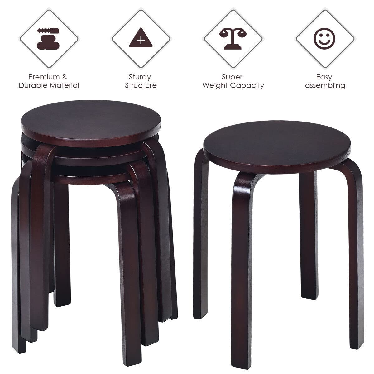 Giantex Set of 4 Round Stacking Stools, Solid Wood Dining Room Stool, Space-Saving Stackable Round Stool