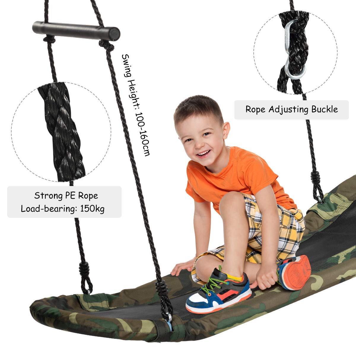 Kids Detachable Surf Swing, Flying Outdoor Indoor Saucer Hammock, 100-160cm Adjustable Hanging Rope