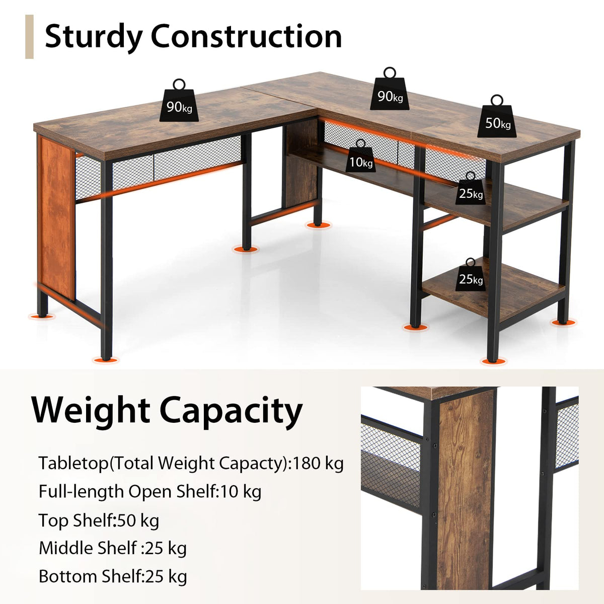 L-Shaped Office Desk, 59” Large Corner Desk, Full-Length Open Shelf & 2-Tier Side Shelves, Rustic Brown