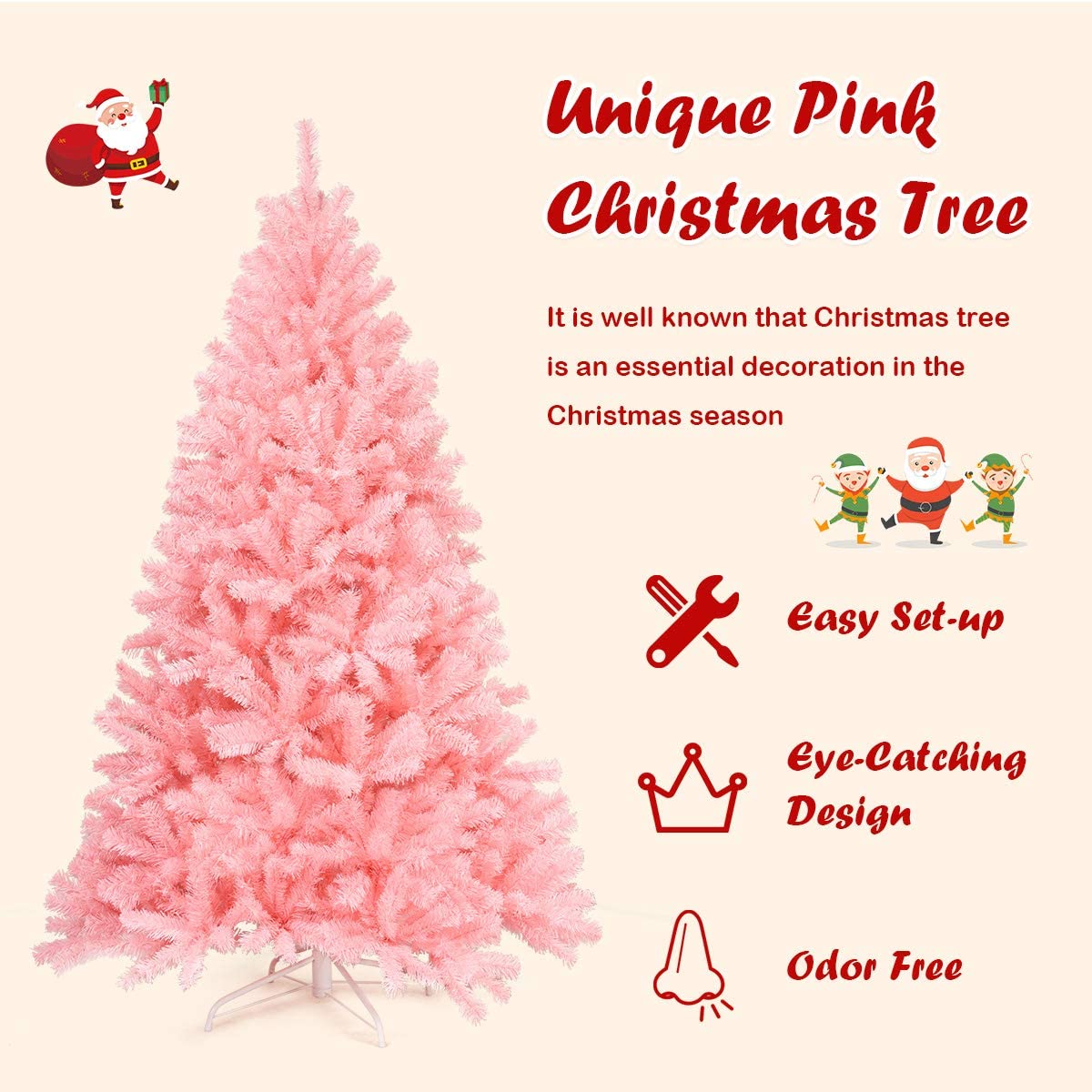 1.8M Pink Artificial Christmas Tree, Hinged Full Tree