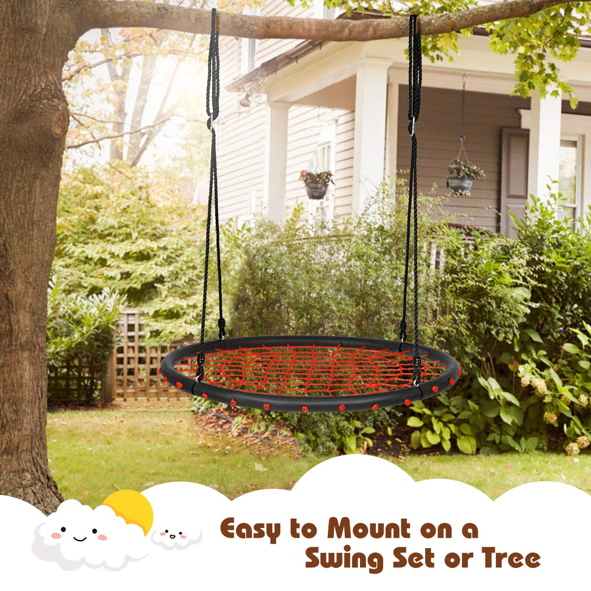 100cm Kids Spider Web Tree Swing, 100-160cm Adjustable Hanging Ropes & Durable Steel Frame