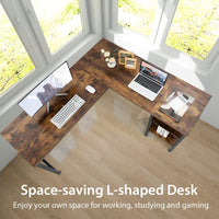 L-Shaped Office Desk, 59” Large Corner Desk, Full-Length Open Shelf & 2-Tier Side Shelves, Rustic Brown