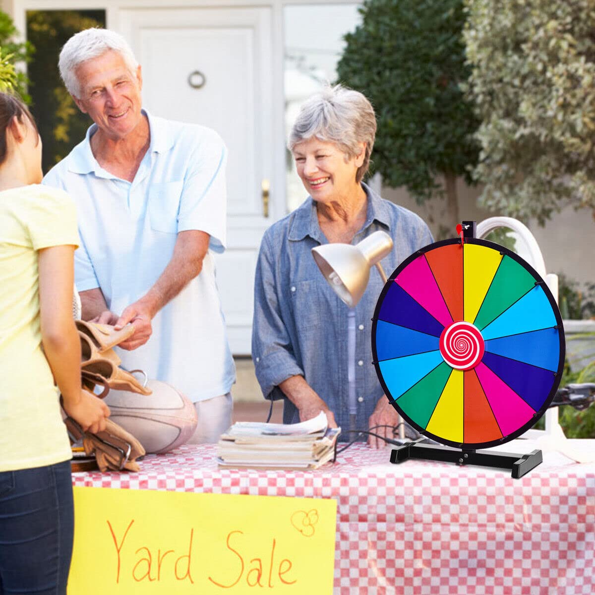 18" Tabletop Spinning Prize Wheel, Editable Color Prize Wheel of Fortune, Rainbow Prize Wheel with Solid Metal Base