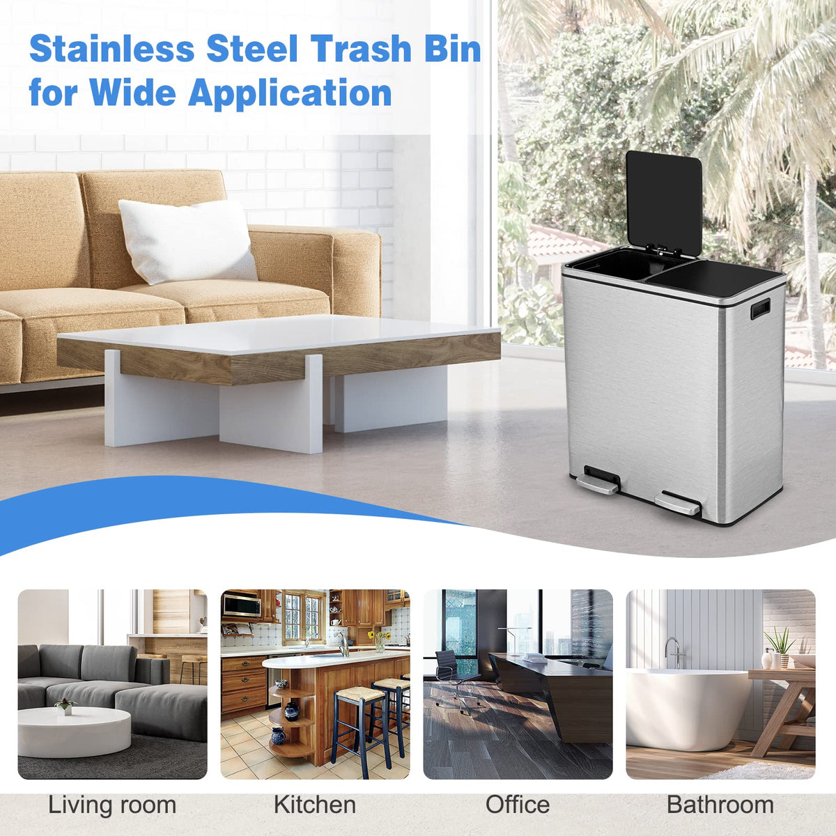 Giantex 60L Step Trash Garbage Can, Metal Step Trash Can, Stainless Steel Classified Recycle Garbage Pedal Dustbin