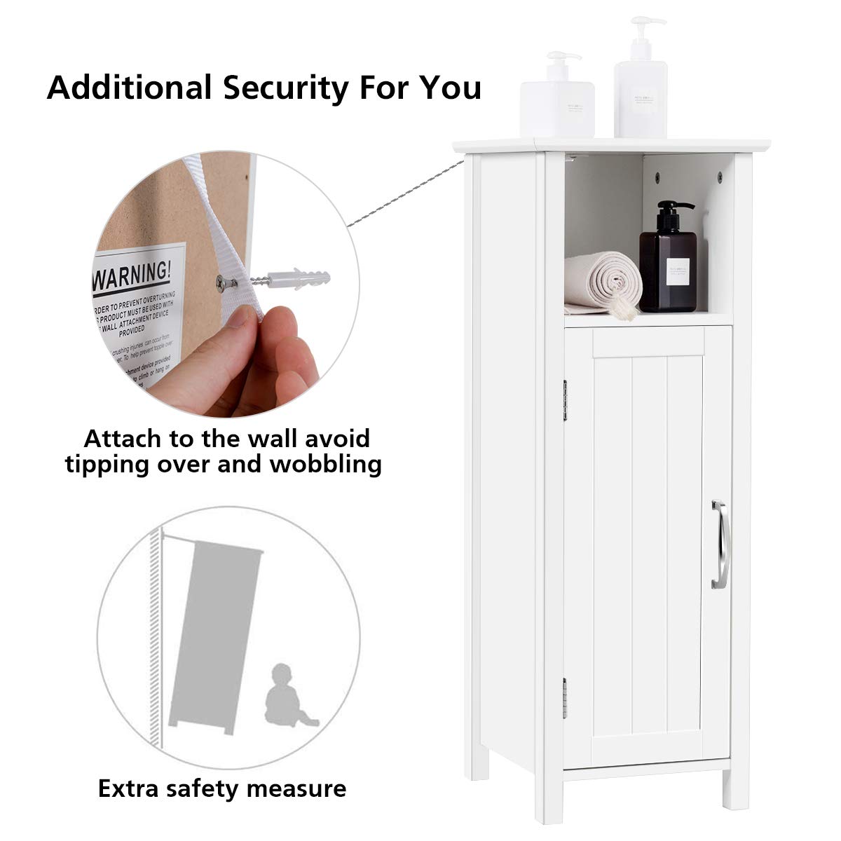 Bathroom Floor Cabinet w/Single Door & Adjustable Shelf, Avoid Tipping Over & Wobbling