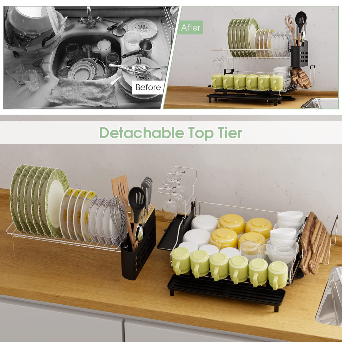 Giantex 2-Tier Dish Drying Rack, Detachable Dish Drainer Rack with Cutlery Holder & Cutting Board Holder