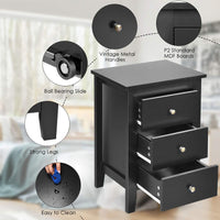 Giantex 2Pcs Bedside Table, Nightstand w/ 3 Drawers & Solid Wood Legs