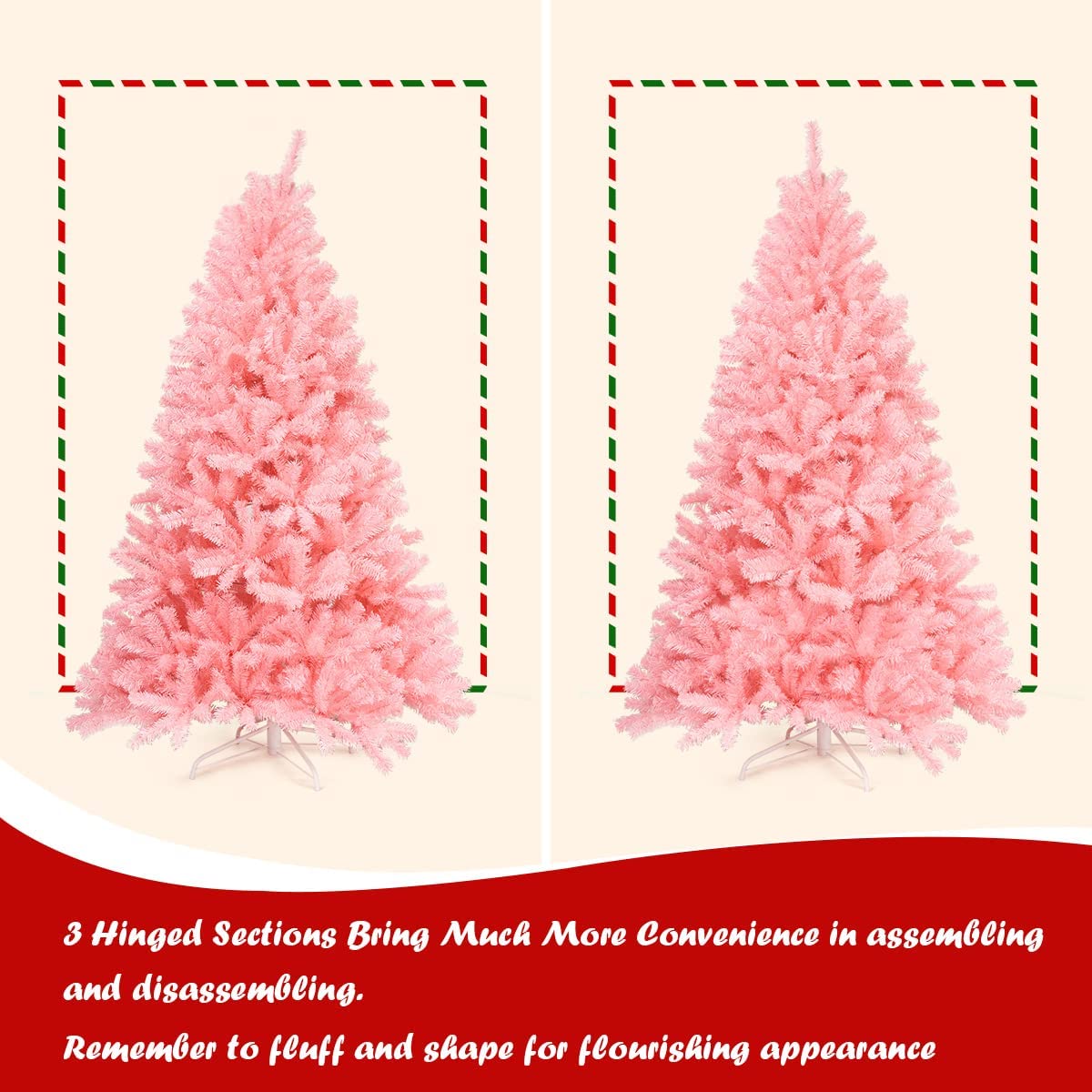 1.8M Pink Artificial Christmas Tree, Hinged Full Tree