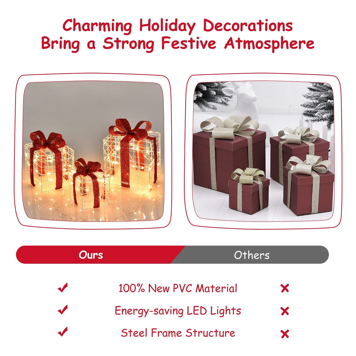 LED Christmas Lighted Boxes, 3 Set Pre-Lit Light up Xmas Gift Boxes