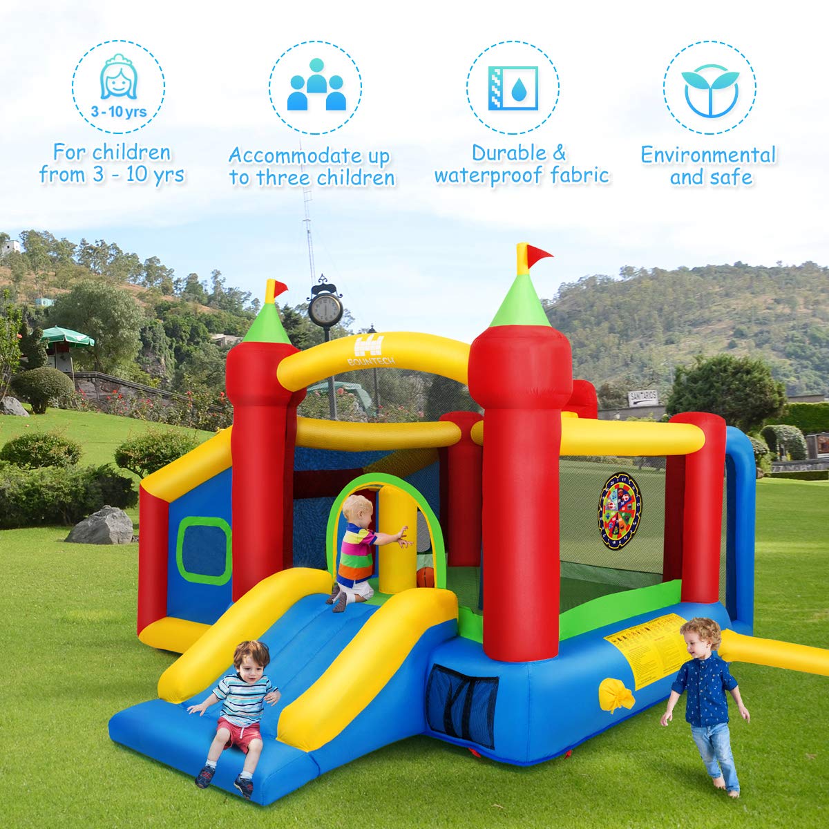 Inflatable Bounce House, Kids Jumping Castle Bouncer w/Slide, Dart Board