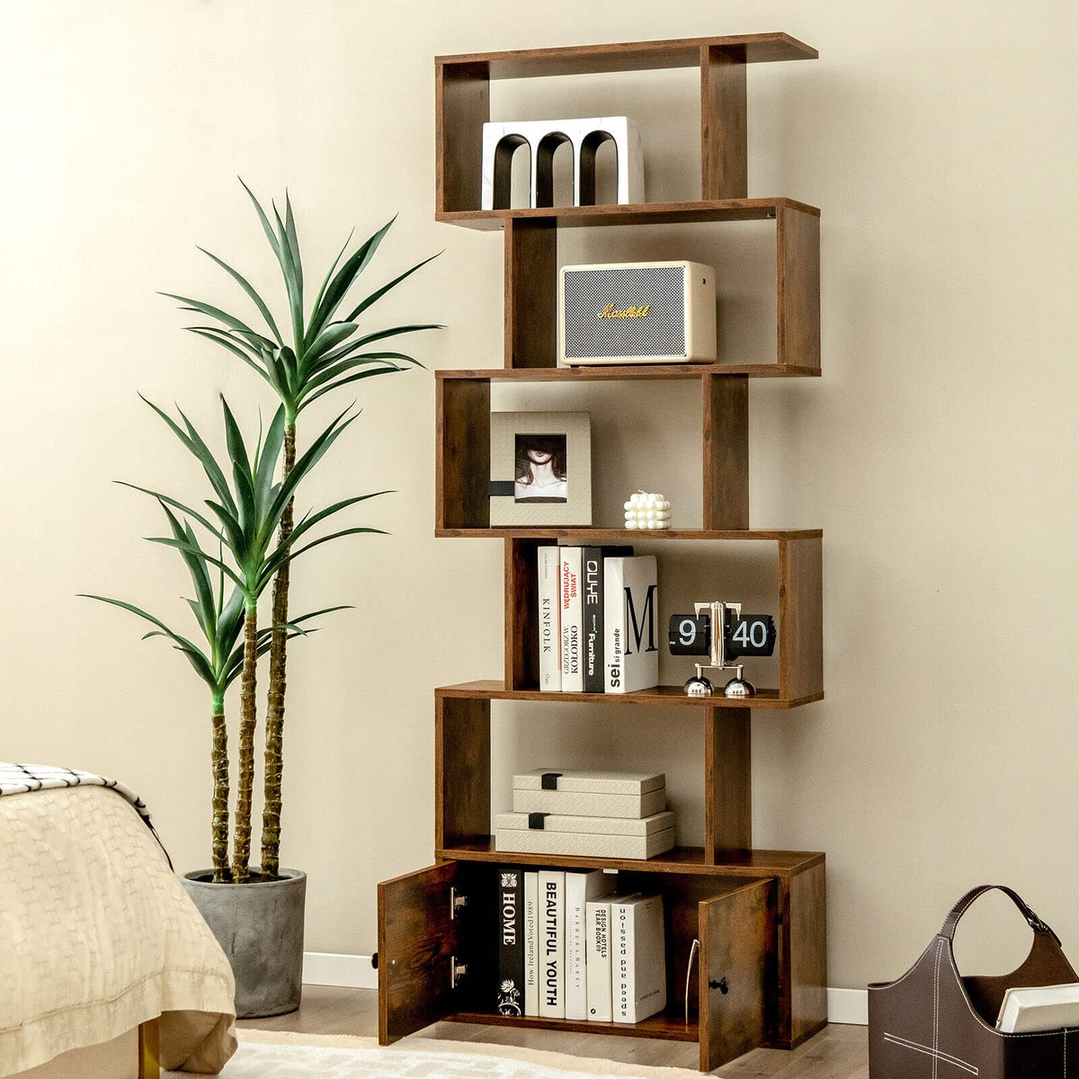 Giantex S-Shaped Bookcase, 6-Tier Bookshelf with Doors and Cabinet