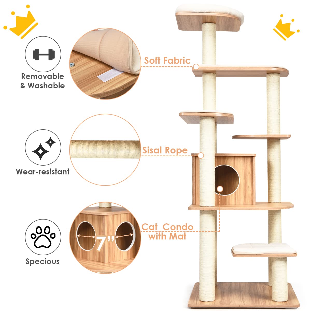 Cat Tree, Wooden Cat Tower with 6-Layer Platform, Sisal Rope Scratching Posts