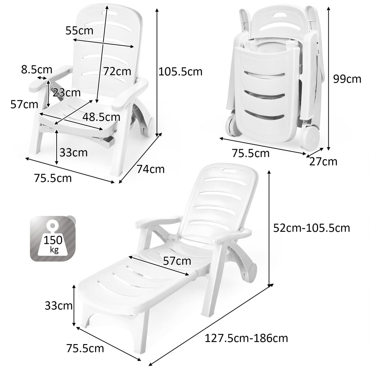 Giantex Folding Camping Lounge Chair, Portable Rolling Recliner w/Wheels, 5 Adjustable Positions, White