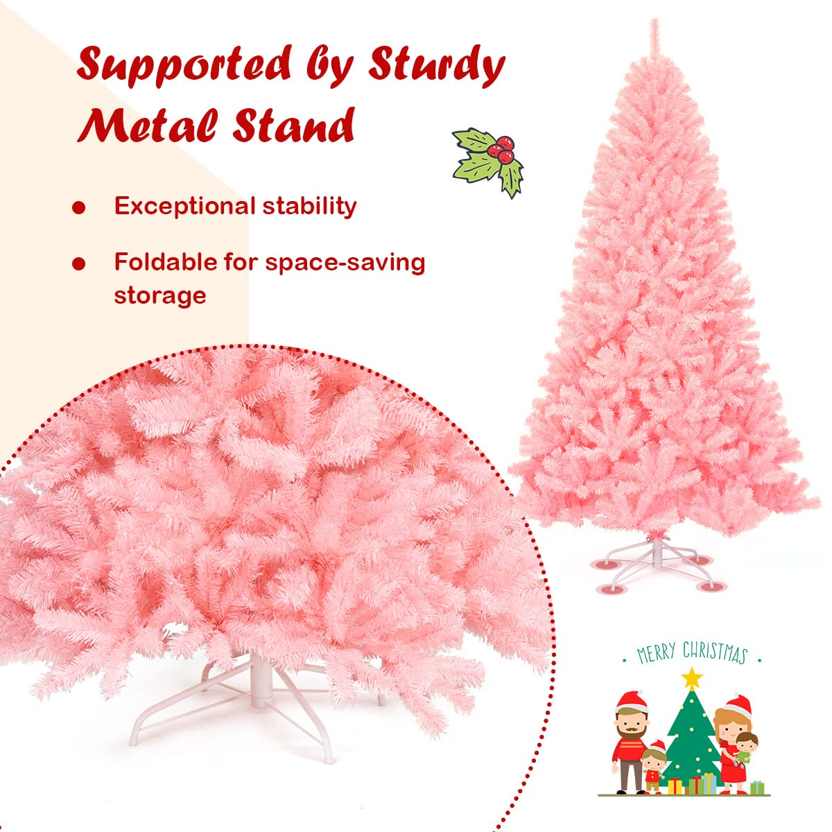 1.8M Pink Artificial Christmas Tree, Hinged Full Tree