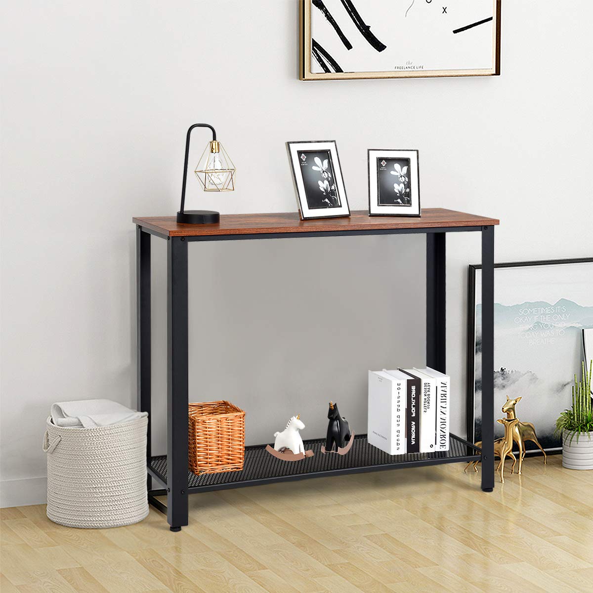 Giantex Console Table with 2 Levels, Hallway Table with Non-Slip Adjustable Foot Pads, Side Table with Grid Shelf