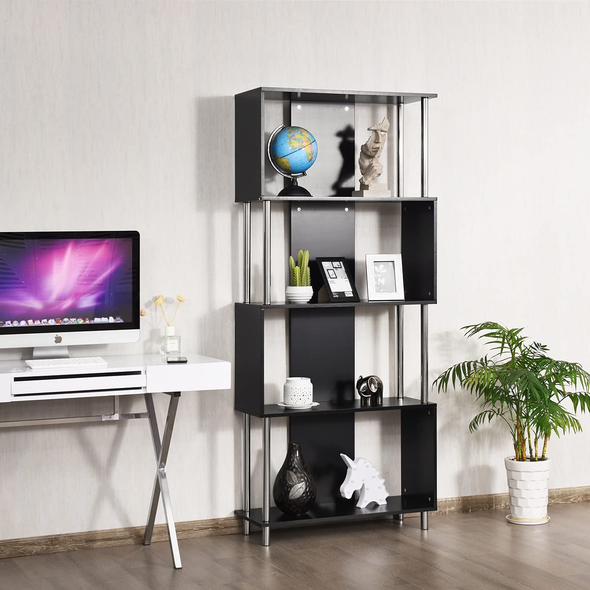 Giantex Standing Bookshelf with 4 Shelves, Wood Bookcase with Metal Frame