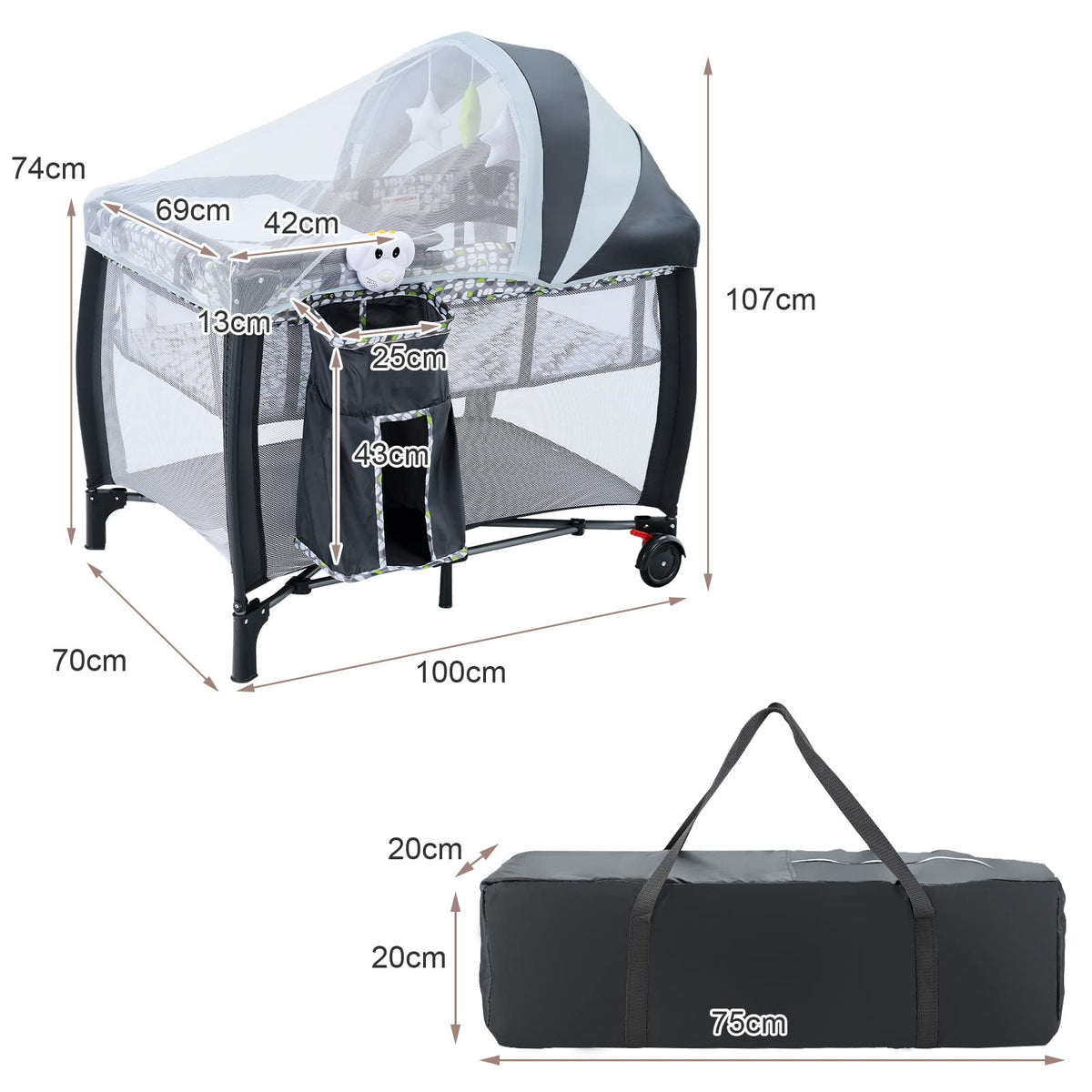 Portable Baby Bassinet, 3 In 1 Foldable Travel Cot w/ Canopy & Detachable Net