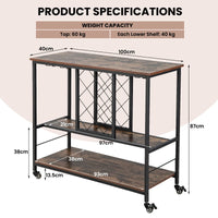 Giantex 3-Tier Bar Wine Rack Table, Industrial Kitchen Island Cart with 8-Bottle Wine Rack , Rustic Brown