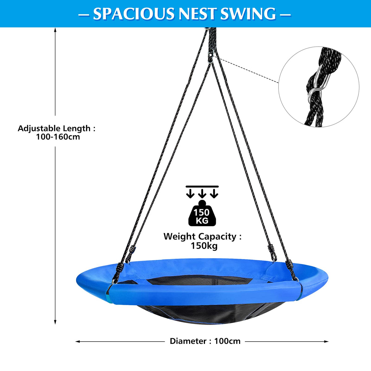 Nest Tree Swing, 100CM Round Hammock Swing w/ Adjustable Hanging Ropes, Blue