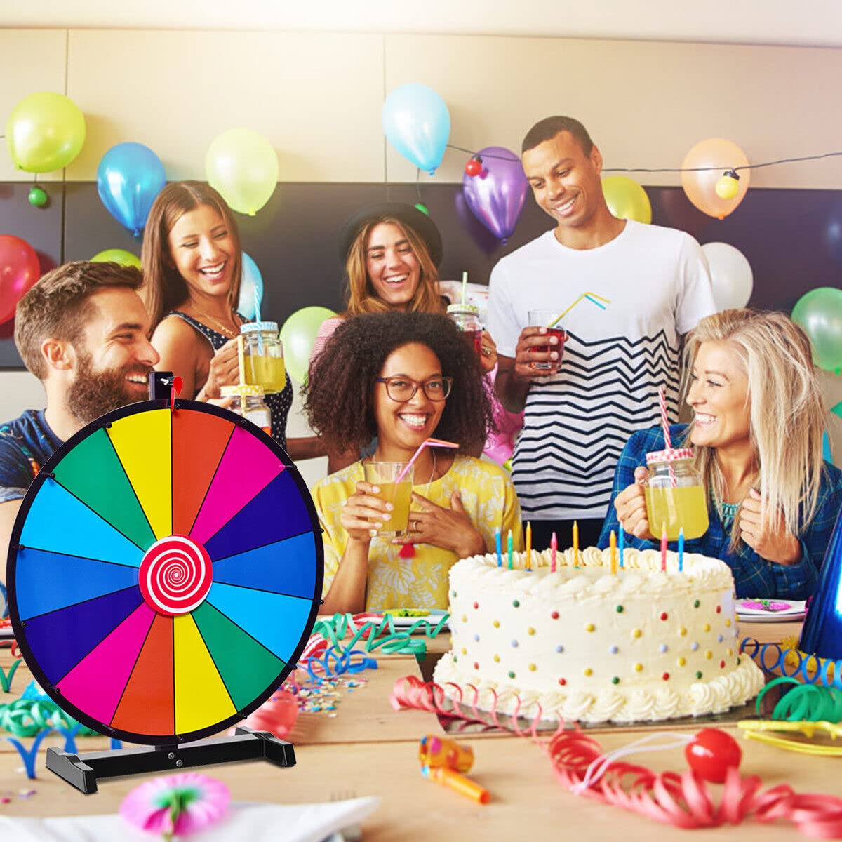 18" Tabletop Spinning Prize Wheel, Editable Color Prize Wheel of Fortune, Rainbow Prize Wheel with Solid Metal Base