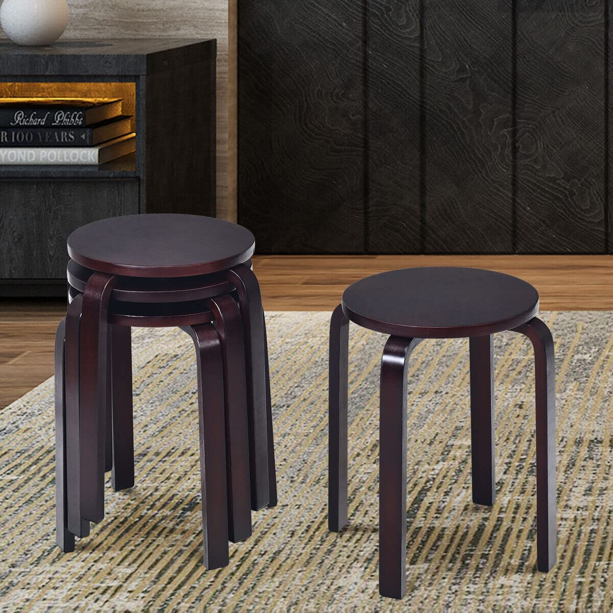 Giantex Set of 4 Round Stacking Stools, Solid Wood Dining Room Stool, Space-Saving Stackable Round Stool