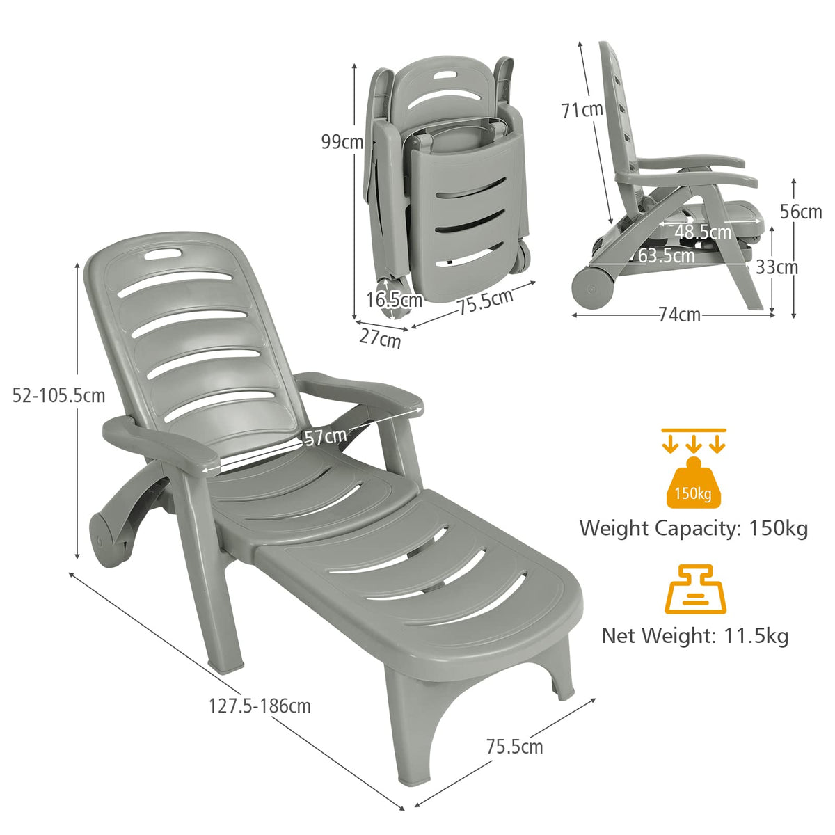 Folding Camping Lounge Chair, Portable Rolling Recliner w/Wheels, Gray