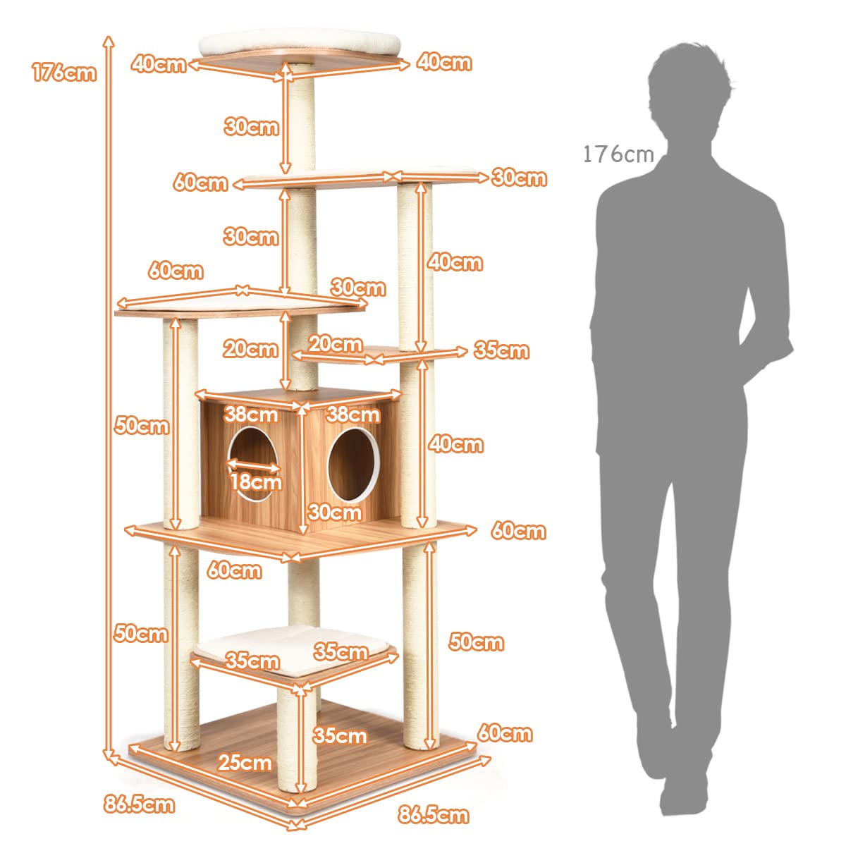 Cat Tree, Wooden Cat Tower with 6-Layer Platform, Sisal Rope Scratching Posts