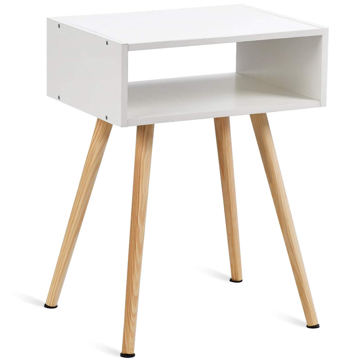 Bedside Table, Nightstand Unit w/ Smooth Surface & Solid Wood Legs, Open Storage Space