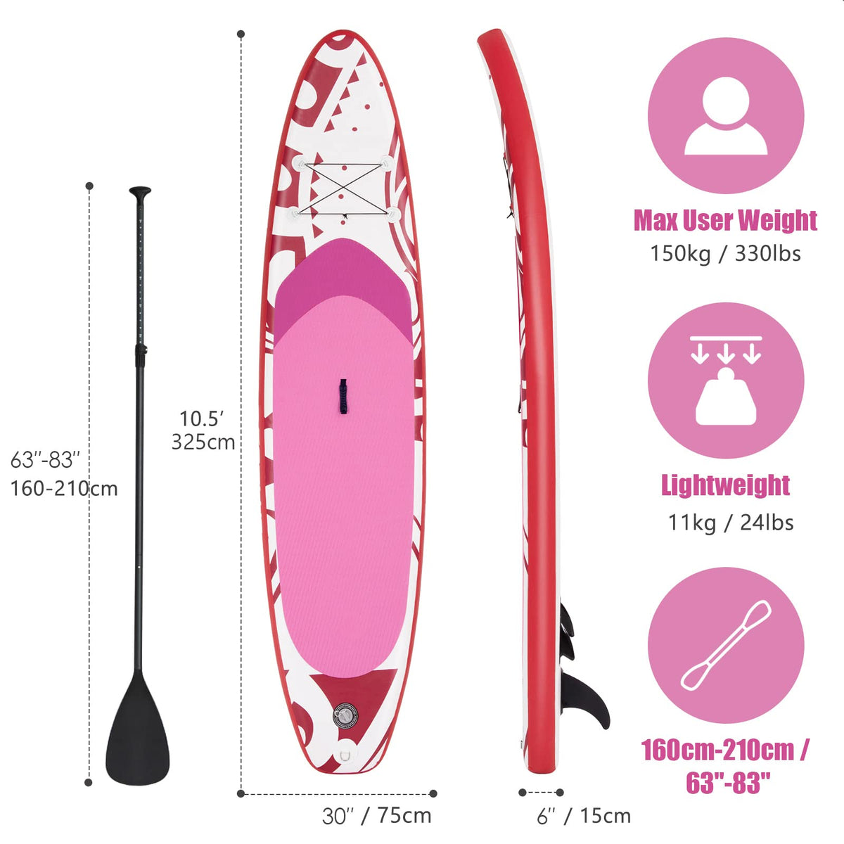 Inflatable Stand up Paddle Board, 10.5/11ft Surfing SUP Paddle Board with Adjustable Paddle, ISUP Accessories, Pink