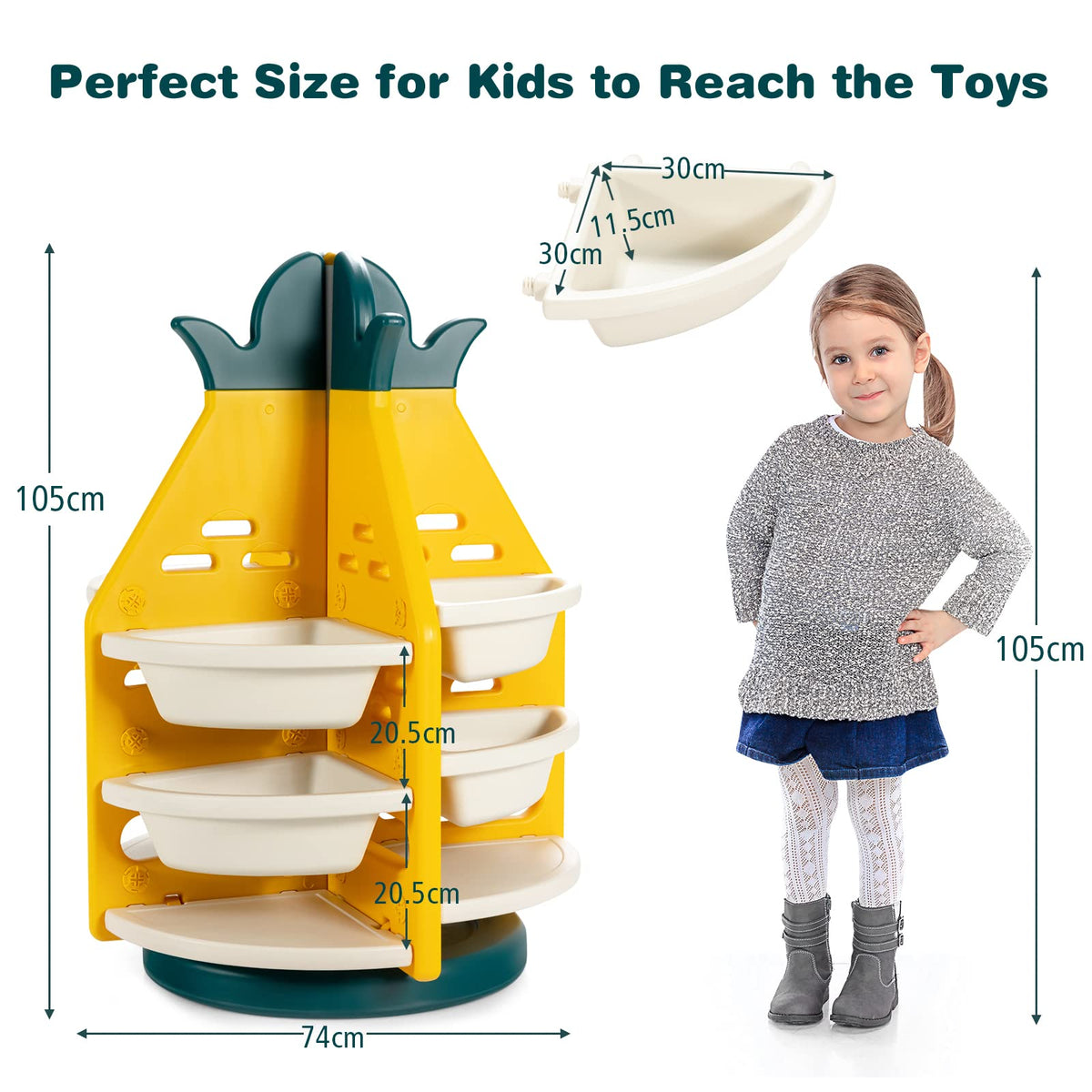 Kids Rotating Toy Storage Organizer, 3-Tier Pineapple Toy Shelf Bookcase w/ 8 Plastic Bins & 4 Shelves, 360°Revolving, Yellow & Green & White