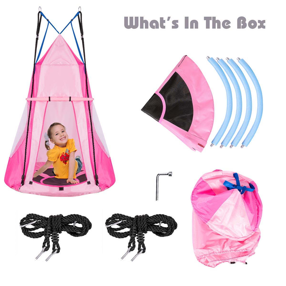 100cm Kids Detachable Hanging Tree Swing Tent, 2 in 1 Design Flying Swing & Nest swing Chair for Having Fun, Pink