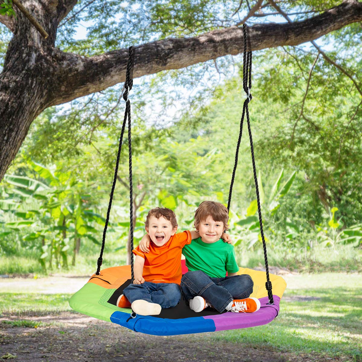 Kids Hexagonal Saucer Tree Swing Set, Colorful Flower Shape, Indoor Outdoor Play Set with Easy Installation Process