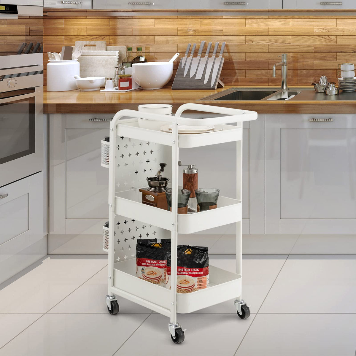 Giantax 3-Tier Rolling Cart, Utility Storage Organizer Cart w/ Dual DIY Pegboards, 2 Baskets