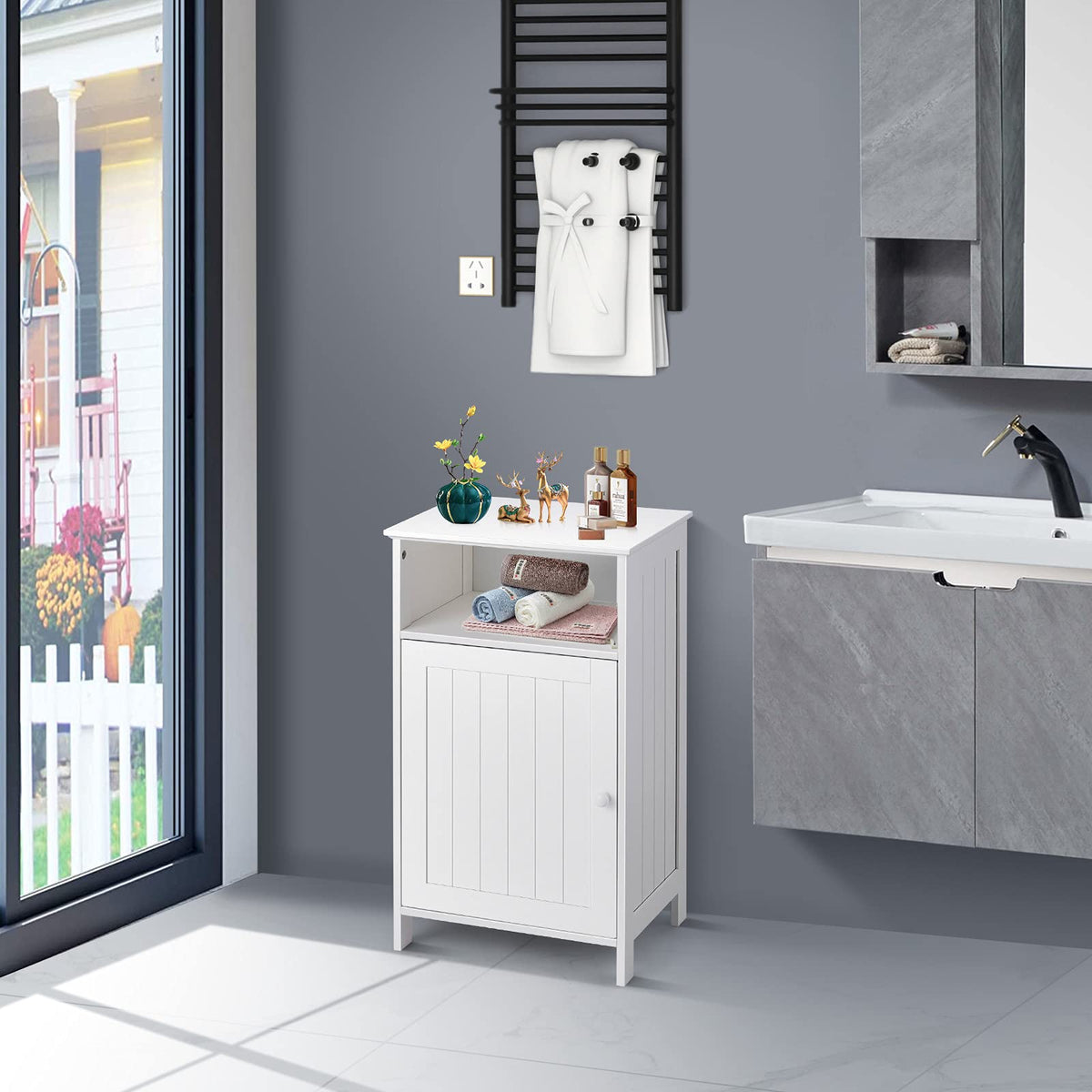Giantex Bathroom Floor Storage Cabinet, Freestanding Wooden Single Door Side Cabinet
