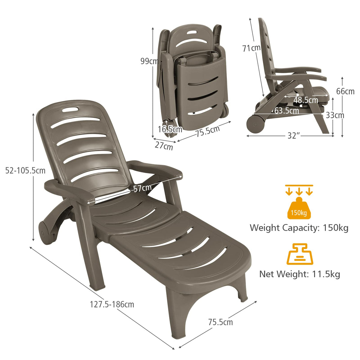 Folding Camping Lounge Chair, Portable Rolling Recliner w/Wheels, Brown