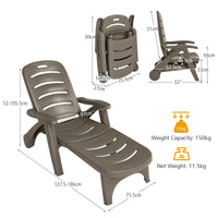 Folding Camping Lounge Chair, Portable Rolling Recliner w/Wheels, Brown