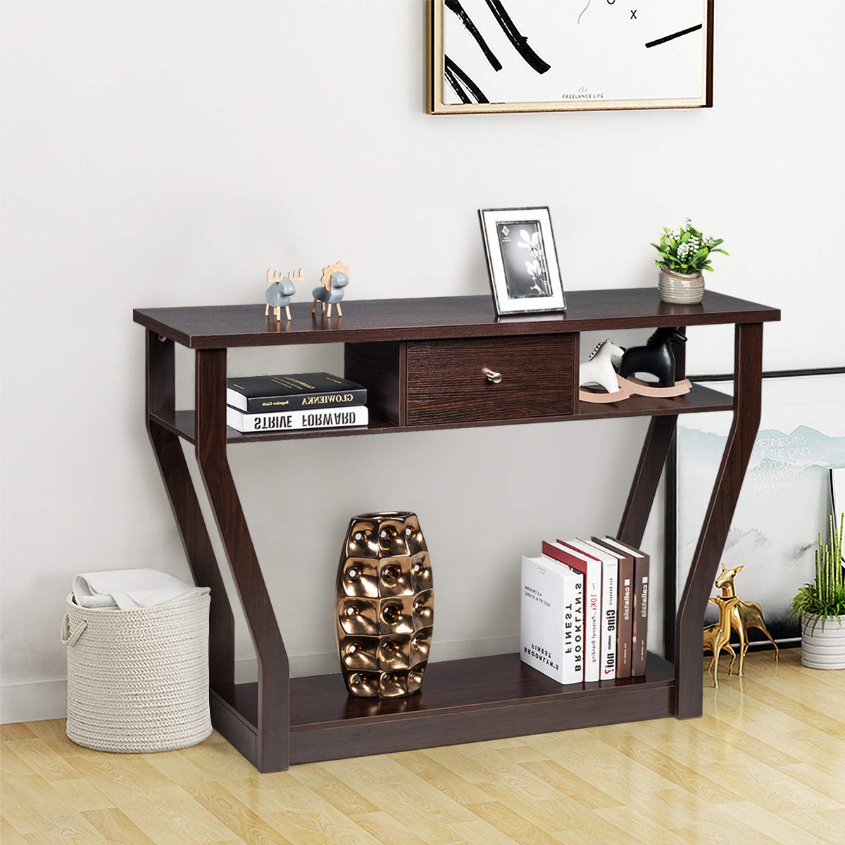 Giantex 120 CM Multi-Function Console Table, 3-Tier Accent Sofa Table w/Shelf & Drawer, Curved Legs, Modern Hall Table
