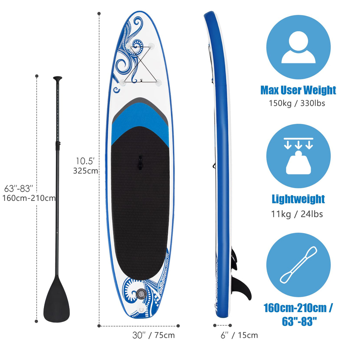 Inflatable Stand up Paddle Board, 10.5ft Surfing SUP Paddle Board with Adjustable Paddle, 15cm Thick SUP, Blue