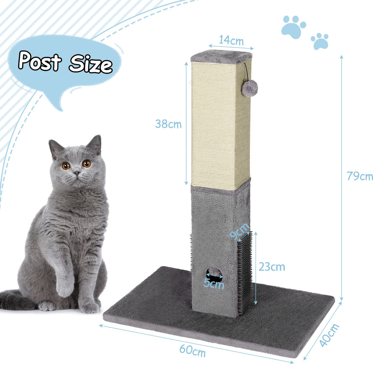 Cat Scratching Post, Kitten Claw Scratcher Tree Sisal Pole, w/ Hanging & Inner Ball Toy, 79cm Tall, Gray